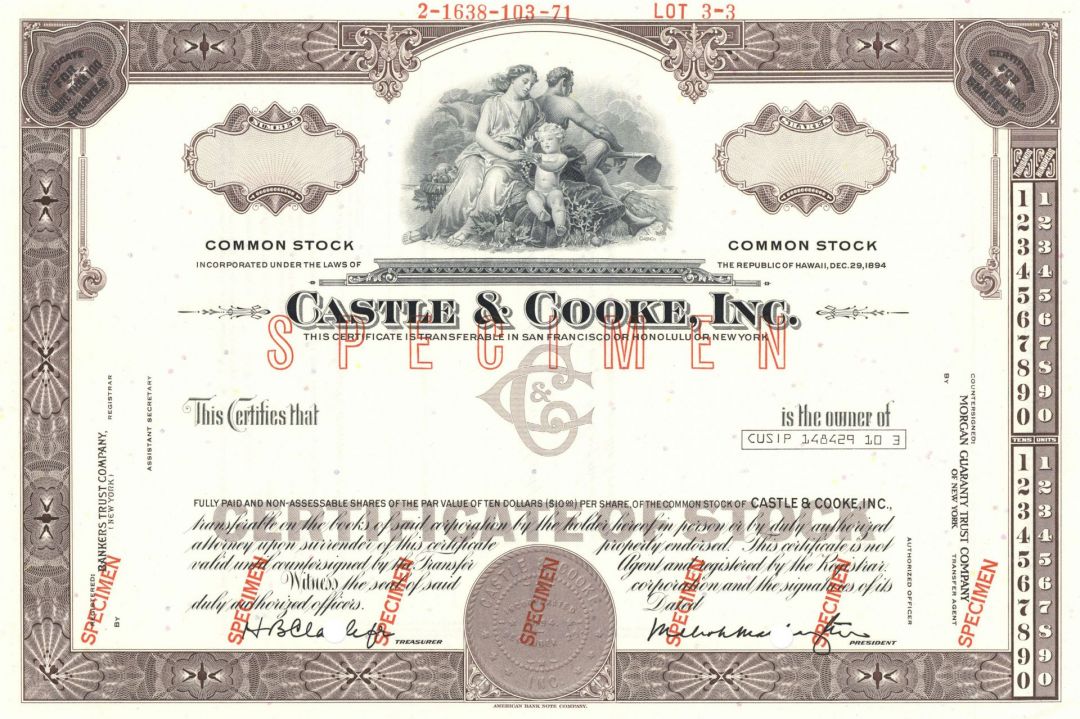 Castle and Cooke, Inc. - Hawaiian Specimen Stock Certificate
