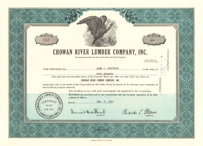 Chowan River Lumber Co., Inc. - Stock Certificate