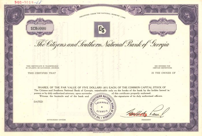 Citizens and Southern National Bank of Georgia - Stock Certificate