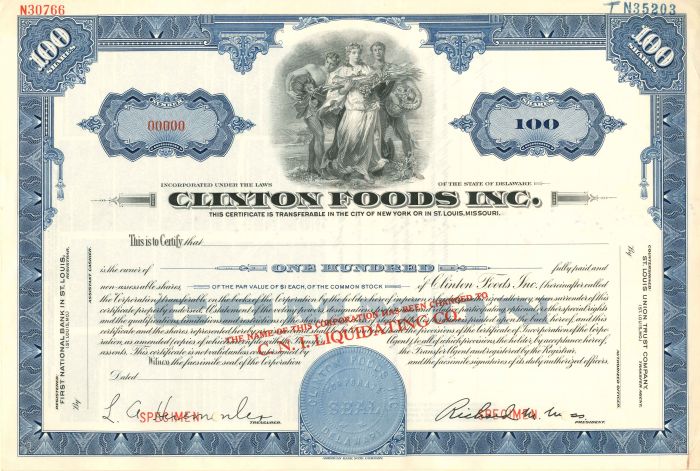 Clinton Foods Inc. - Stock Certificate