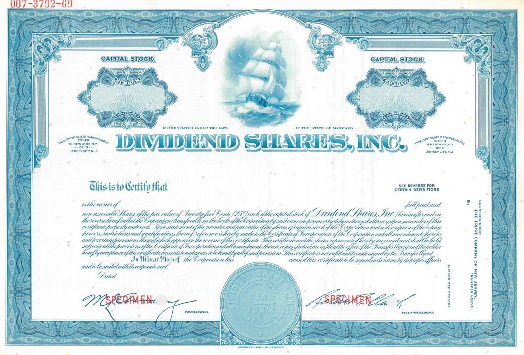 Dividend Shares, Inc - Specimen Stock Certificate