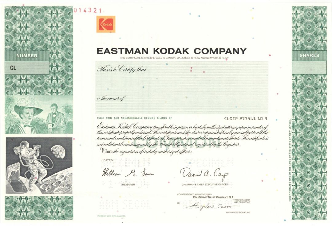 Eastman Kodak Co. - 2004 dated Specimen Stock Certificate - Famous Photography Company