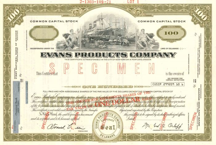 Evans Products Co. - Specimen Stock Certificate - Robert B. Evans Company