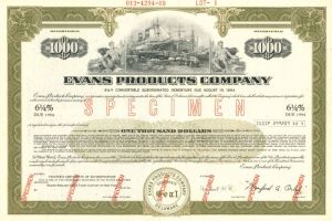 Evans Products Co. - $1,000 Specimen Bond - Robert B. Evans Company