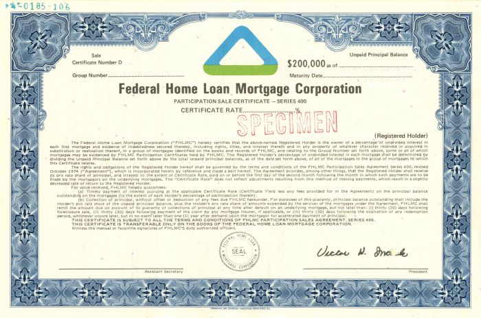  Federal Home Loan Mortgage Corporation "Freddie Mac" - $200,000 Bond Specimen