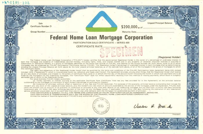  Federal Home Loan Mortgage Corporation - Freddie Mac - $200,000 Bond Specimen