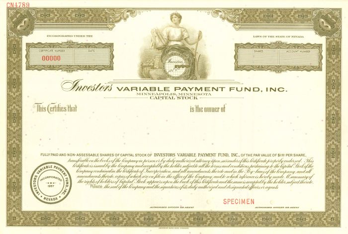 Investors Variable Payment Fund, Inc. - Specimen Stock Certificate - Minneapolis, Minnesota