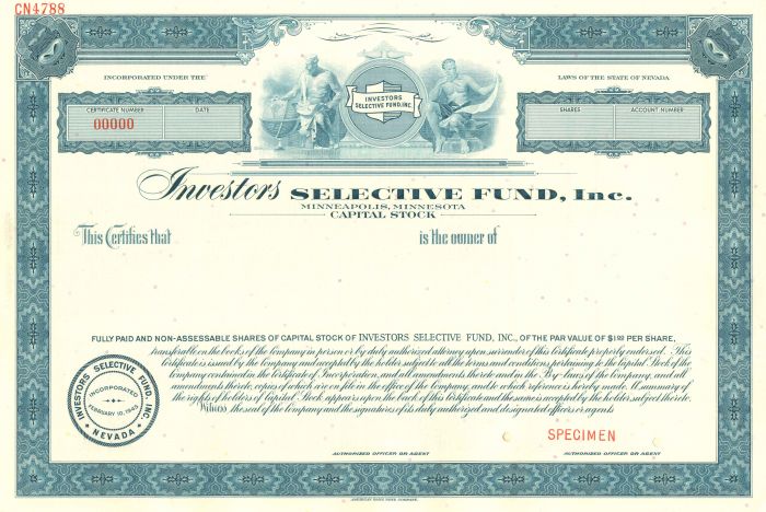 Investors Selective Fund, Inc. - Specimen Stock Certificate - Minneapolis, Minnesota