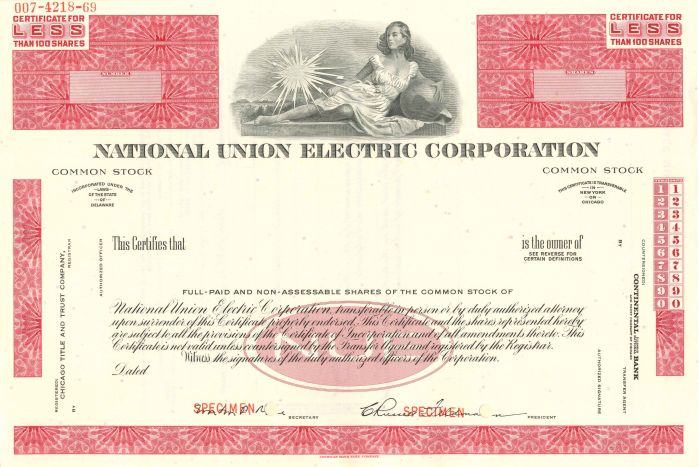 National Union Electric Corporation - Stock Certificate