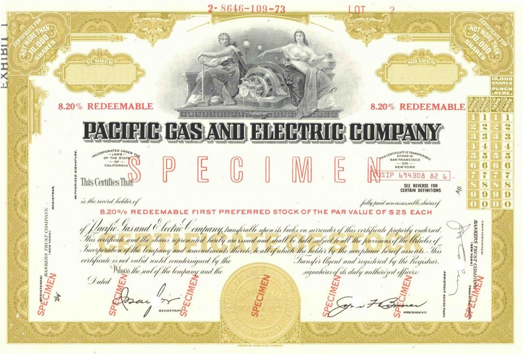 Pacific Gas and Electric Co. - PG&E - Utility Specimen Stock Certificate
