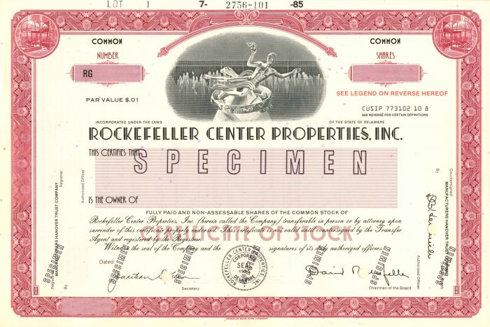 Rockefeller Center Properties - Awesome Vignette - Specimen Stock Certificate