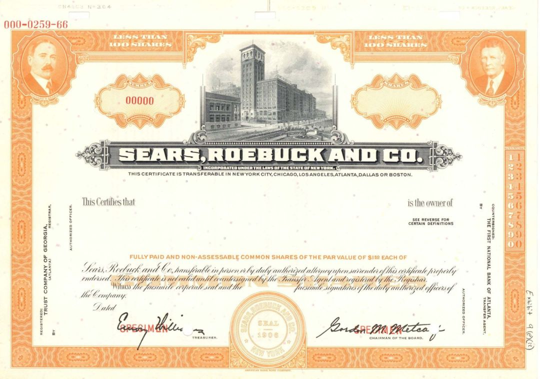 Sears, Roebuck and Co. - Orange Specimen Stock Certificate