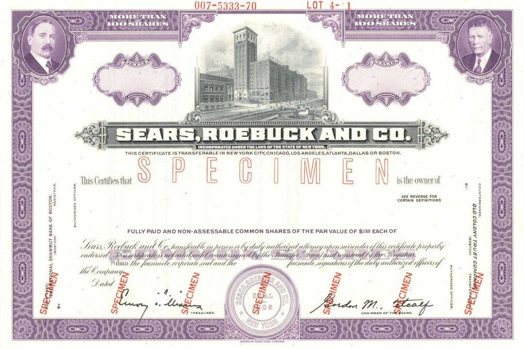 Sears, Roebuck and Co. - Purple Specimen Stock Certificate