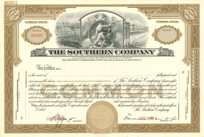Southern Co. - Atlanta, Georgia - Utilities Specimen Stock Certificate