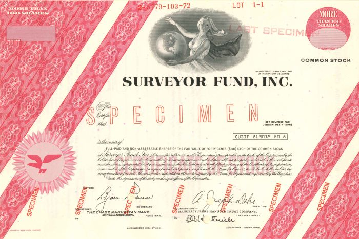 Surveyor Fund, Inc. - Specimen Stock Certificate - Facsimile Signature of A. Joseph Debe