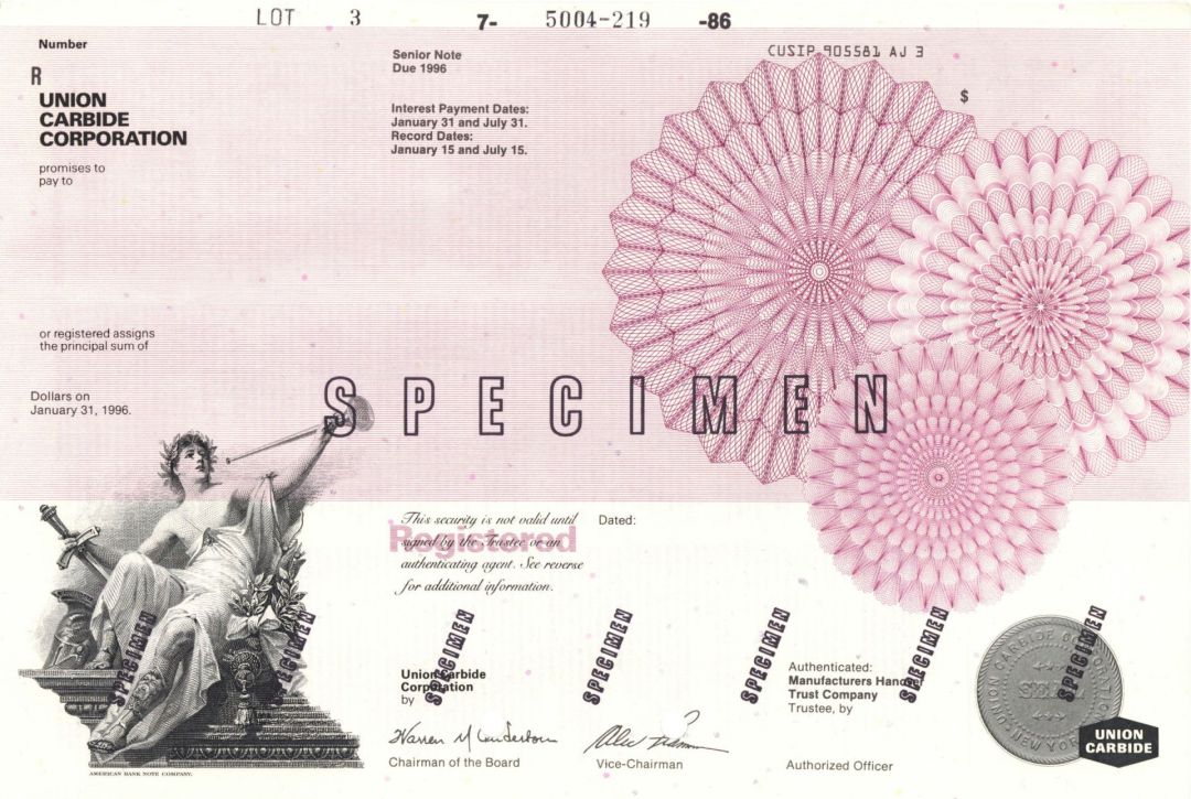 Union Carbide Corp. - Specimen Bond - Available in Magenta, Teal or Orange - Please Specify Color