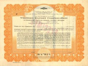 Western Export Corporation - Stock Certificate