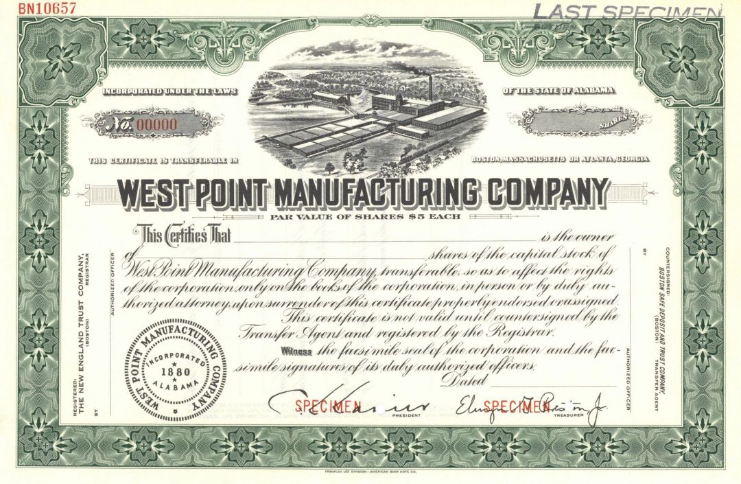 West Point Manufacturing Co. - Textiles Manufacturing Stock Certificate