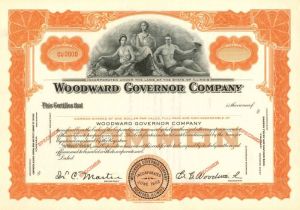 Woodward Governor Co. - Specimen Stock Certificate - Central Banknote Company - Still in Business as Woodward, Inc. - Founded in 1870