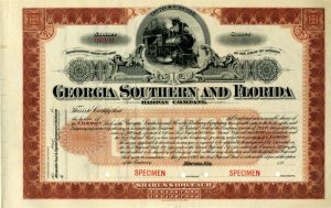 Georgia Southern and Florida Railway Co. - 1890's circa Specimen Railroad Stock Certificate