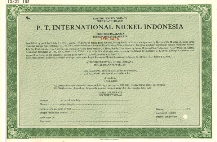 P.T. International Nickel Indonesia - Specimen Stock Certificate