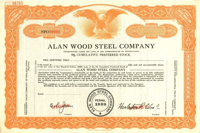 Alan Wood Steel Co. - Stock Certificate
