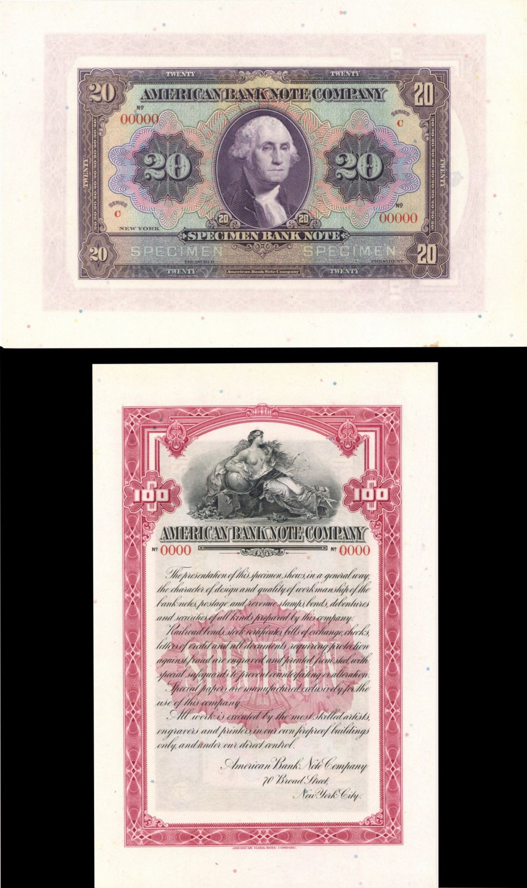 SPECIMEN - Double Sided - American Bank Note Co. - Measures about 5" x 8" - Gorgeous Advertisement Sample
