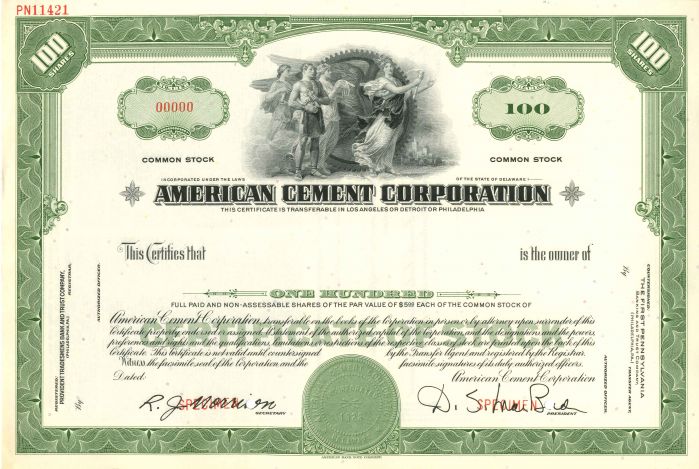 American Cement Corporation - Stock Certificate