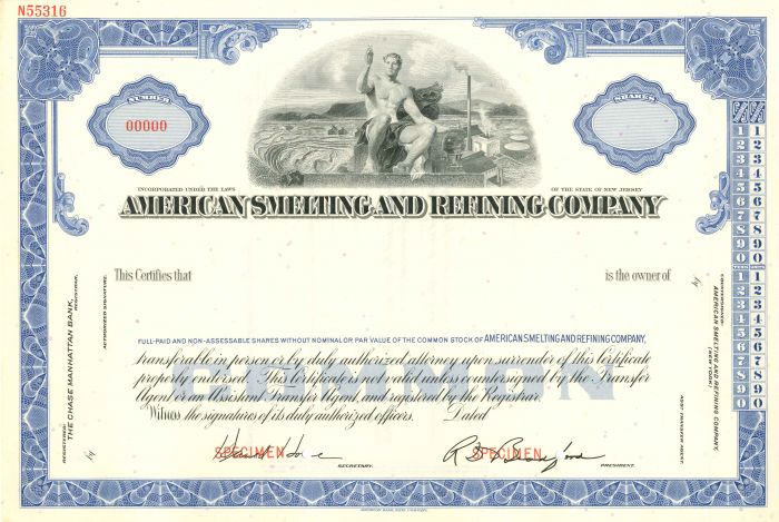 American Smelting and Refining Co. - Specimen Stock Certificate