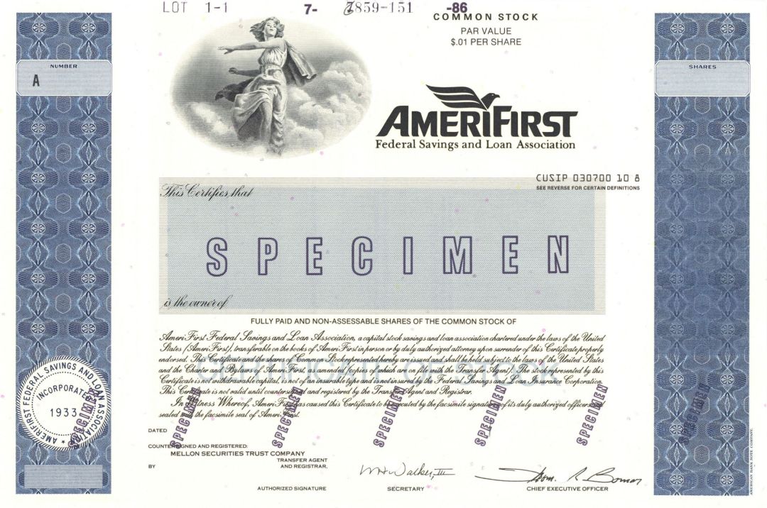 Amerifirst Federal Savings and Loan Association - Specimen Stock Certificate