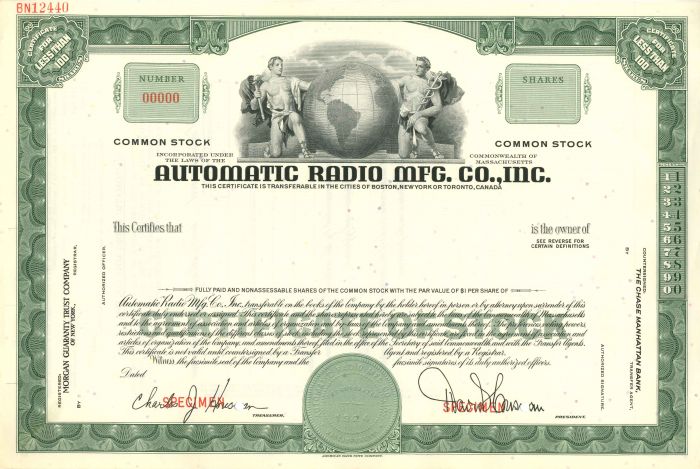 Automatic Radio Mfg. Co., Inc. - Stock Certificate