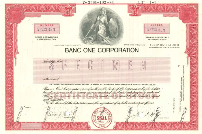 Banc One Corporation - Specimen Stock Certificate