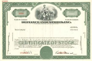 Defiance Industries, Inc. - Stock Certificate