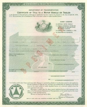 Department of Transportation - Certificate of Title to a Motor Vehicle or Trailer - Pennsylvania Specimen