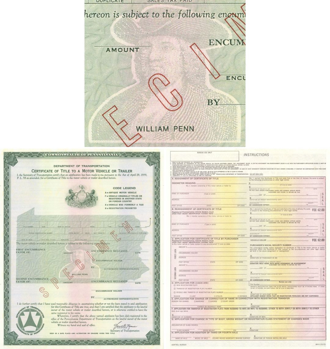 Pennsylvania Department of Transportation - Certificate of Title to a Motor Vehicle or Trailer - Pennsylvania Specimen