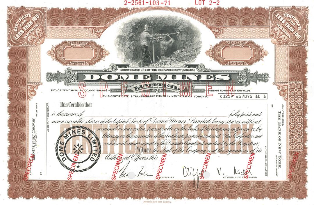 Dome Mines Limited - Specimen Stock Certificate