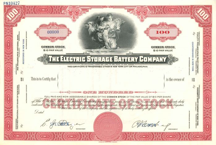 Electric Storage Battery Co. - Specimen Stock Certificate