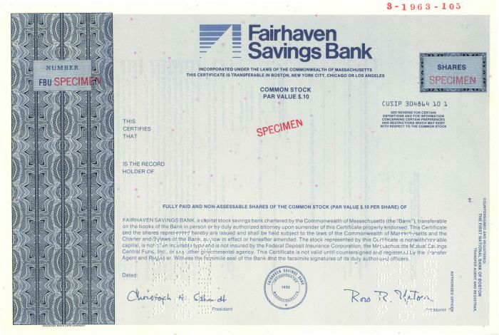 Fairhaven Savings Bank - Stock Certificate