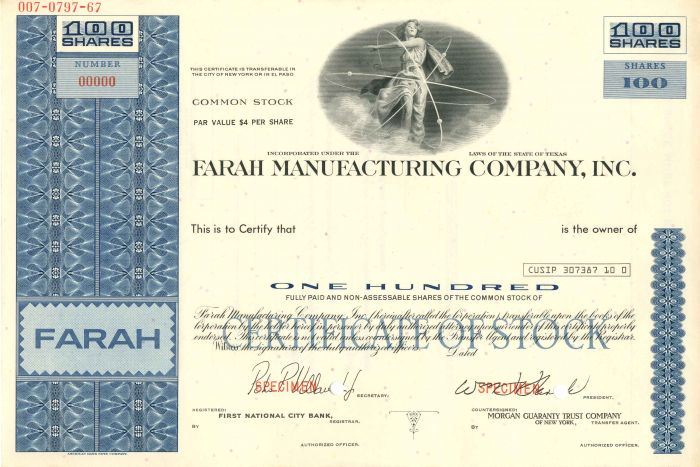 Farah Manufacturing Co., Inc. - The Farah strike (1972–1974) - Specimen Stock Certificate