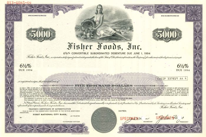 Fisher Foods, Inc. - $5,000 Specimen Bond