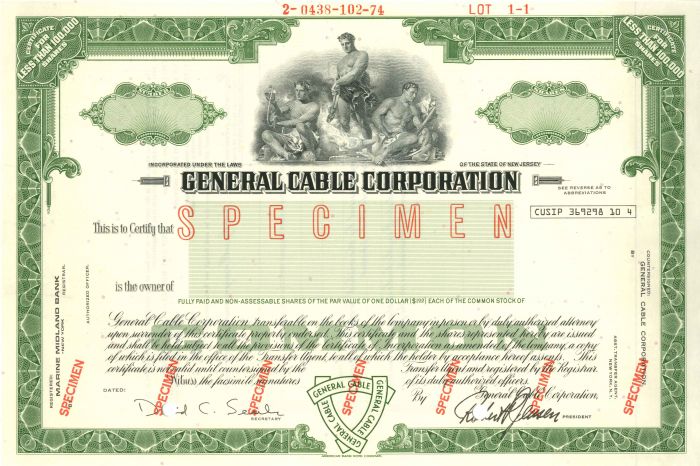 General Cable Corporation - General Cable was Owned by Penn Central from 1981 to 1992 - Specimen Stock Certificate