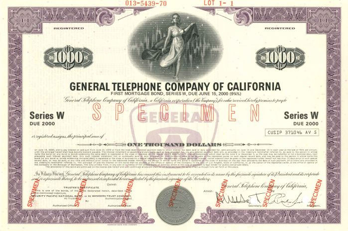 General Telephone Co. of California - $1,000 - Bond