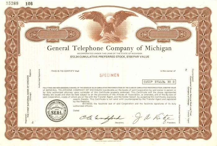 General Telephone Co. of Michigan - Stock Certificate