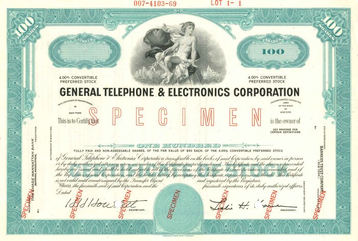General Telephone and Electronics Corporation - Stock Certificate