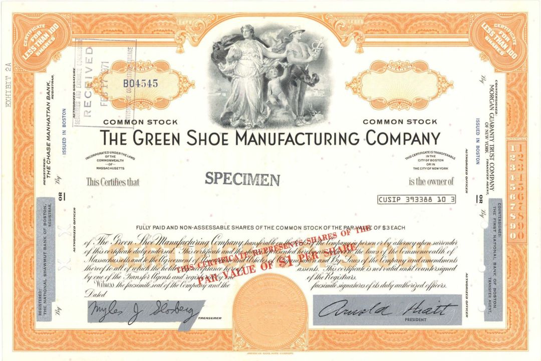 Green Shoe Manufacturing Co. - Known as the Stride Rite Corporation - Specimen Stock Certificate