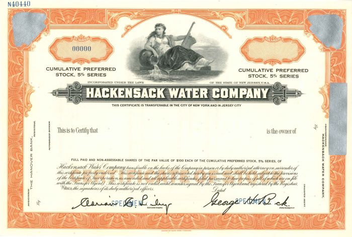 Hackensack Water Co. - Utility Stock Certificate
