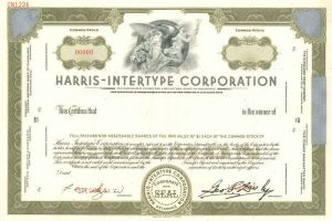 Harris - Intertype Corporation - Stock Certificate