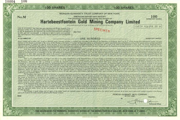 Hartebeestfontein Gold Mining Co. Limited - Stock Certificate