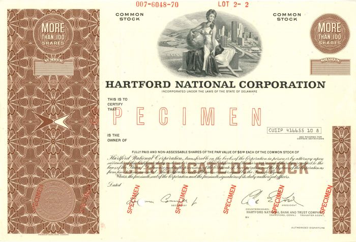 Hartford National Corporation - Specimen Stock Certificate - Merged with Shawmut Corporation