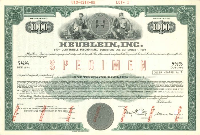 Heublein, Inc. - $1,000 Specimen Bond